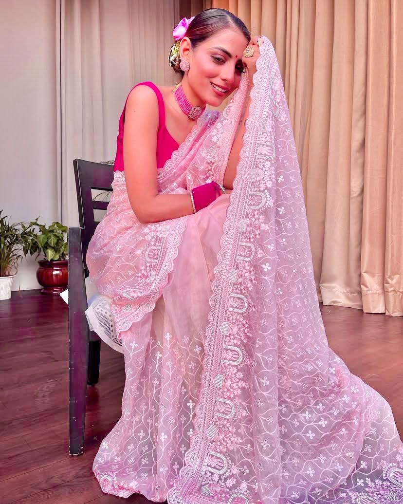 Designer Khadi Organza Saree with Embroidery