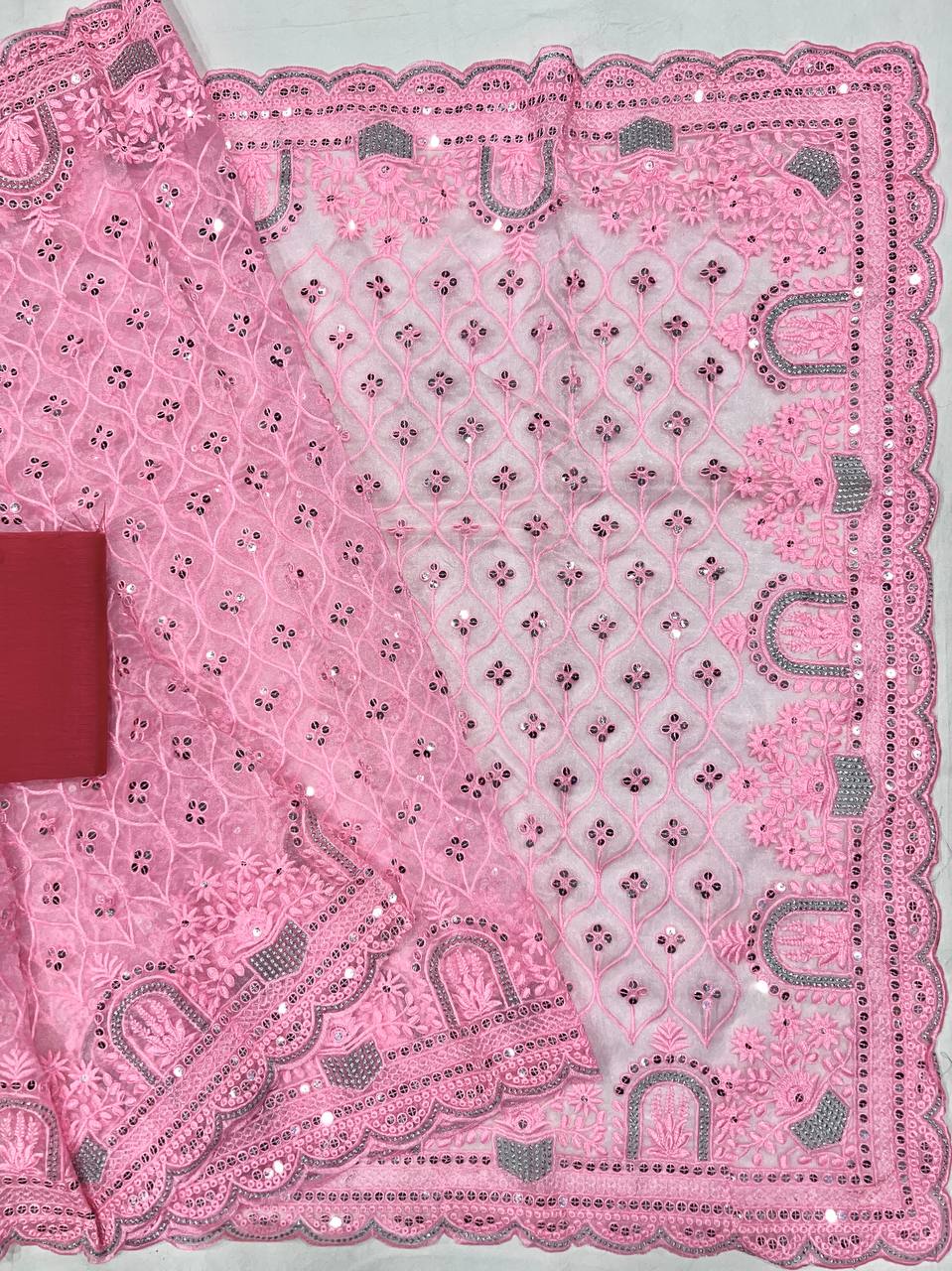 Khadi Organza With Beautiful Multi + 7 M.M Sequence Embroidery Work And C-Pallu Cutwork - Look Range