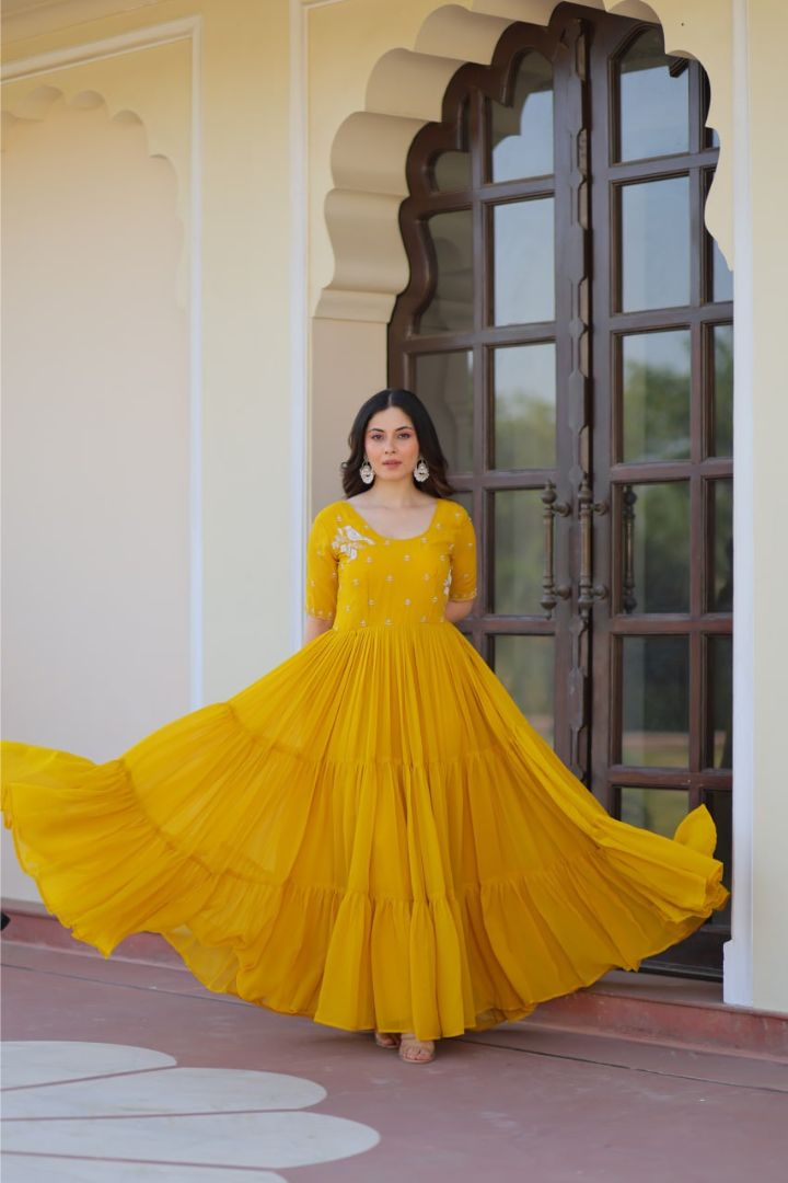 12-Meter Flair Designer Faux Blooming Beads Embroidered Ready-Made Gown for Women