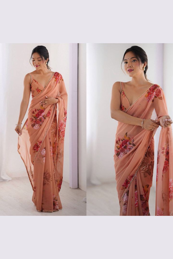 Beautiful Printed Georgette Silk Saree with Pearl Lace Work for Special Occasions