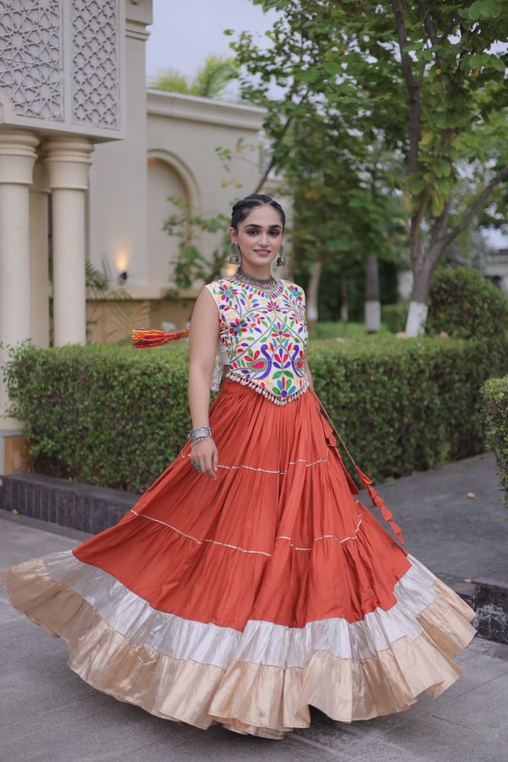Orange color full stitched Garba lehenga for women