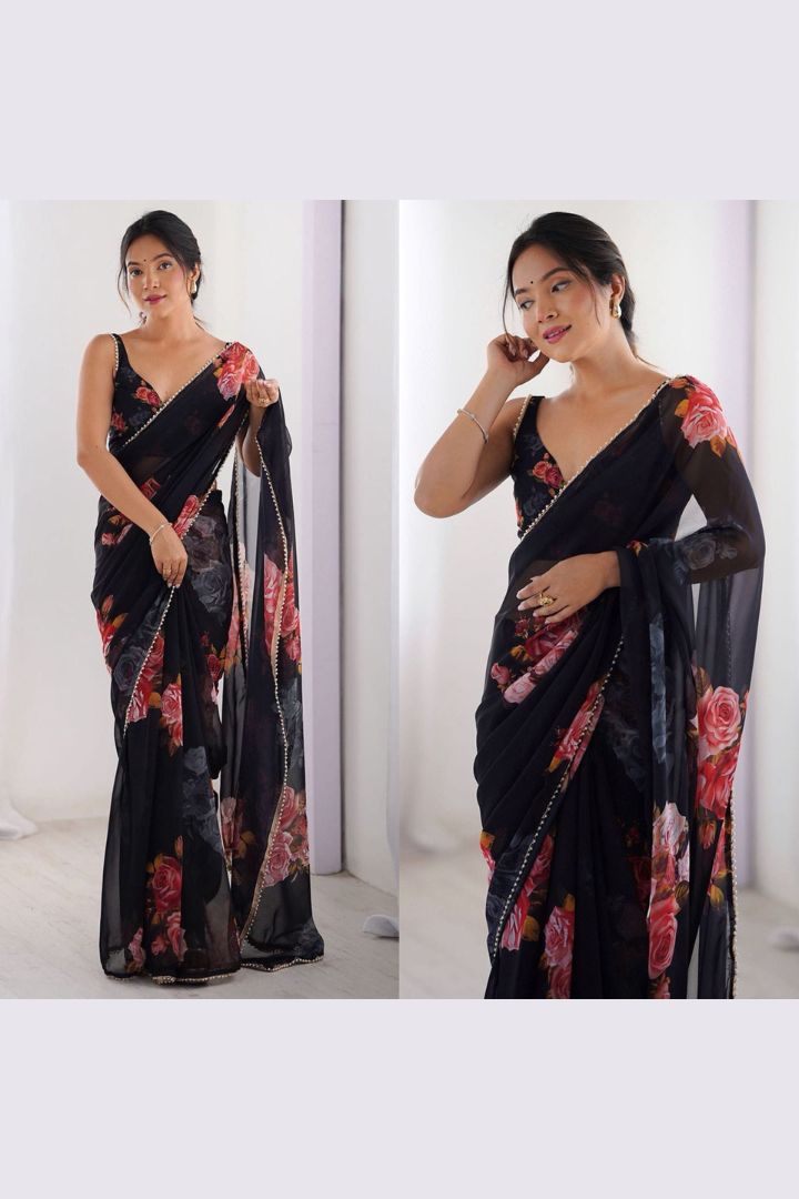 Stylish Women's Soft Georgette Silk Floral Saree with Georgette Silk Blouse