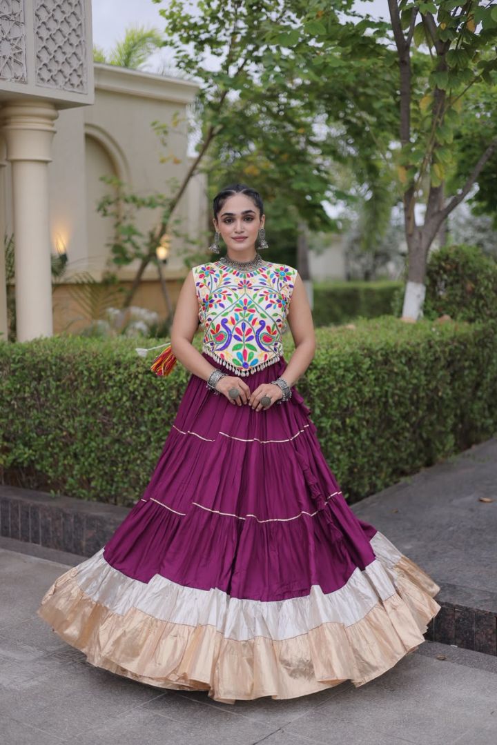 Wine color full stitched Garba lehenga for women