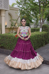 Wine color full stitched Garba lehenga for women