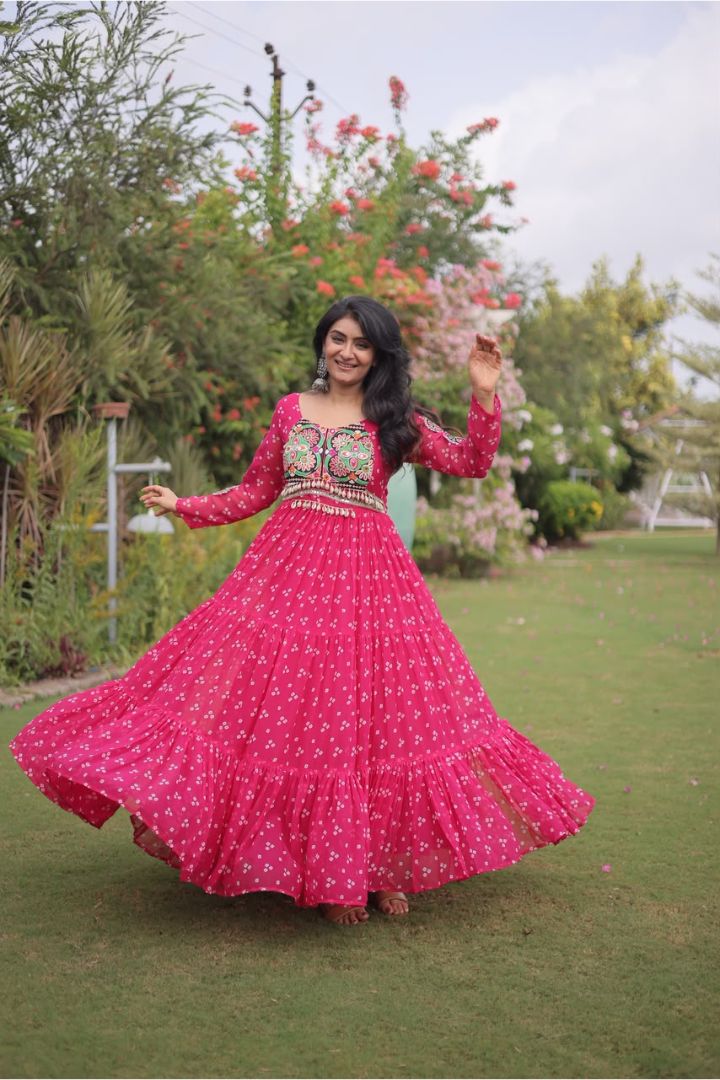 Women's Navratri Bandhani Print Faux Georgette Gown with Kutchi Patchwork