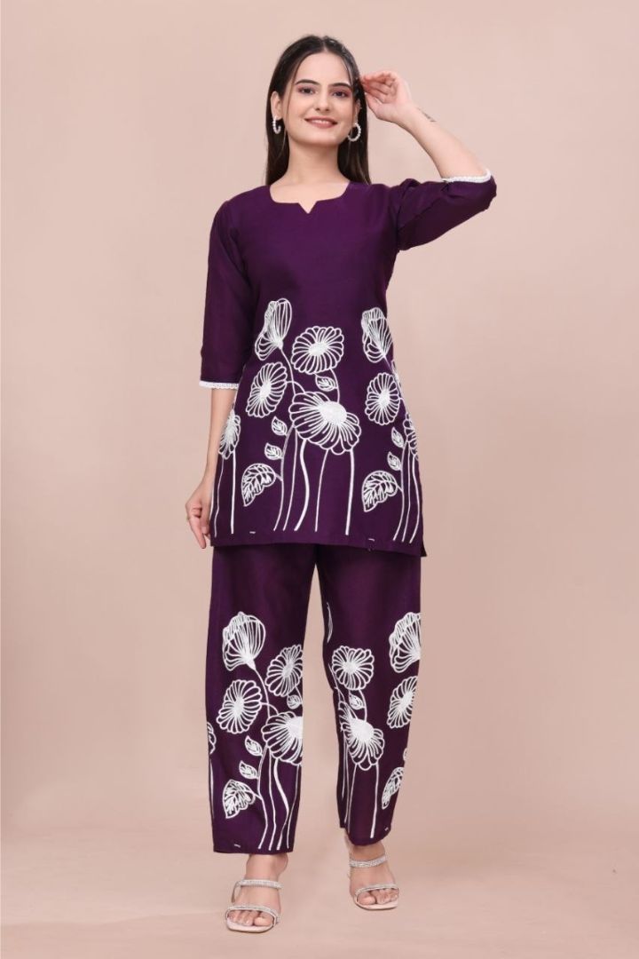 Close-up of intricate embroidery work on premium slub cotton women's cord set.