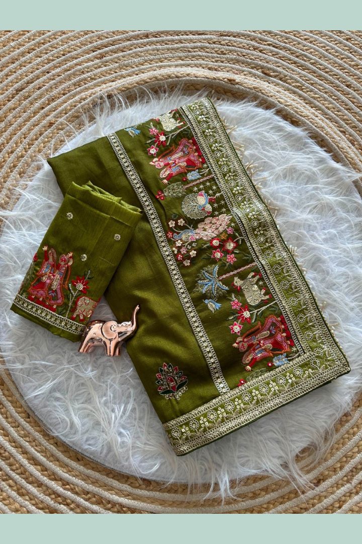 Premium Vichitra Silk Saree with Box Pallu & Moti Handwork Border