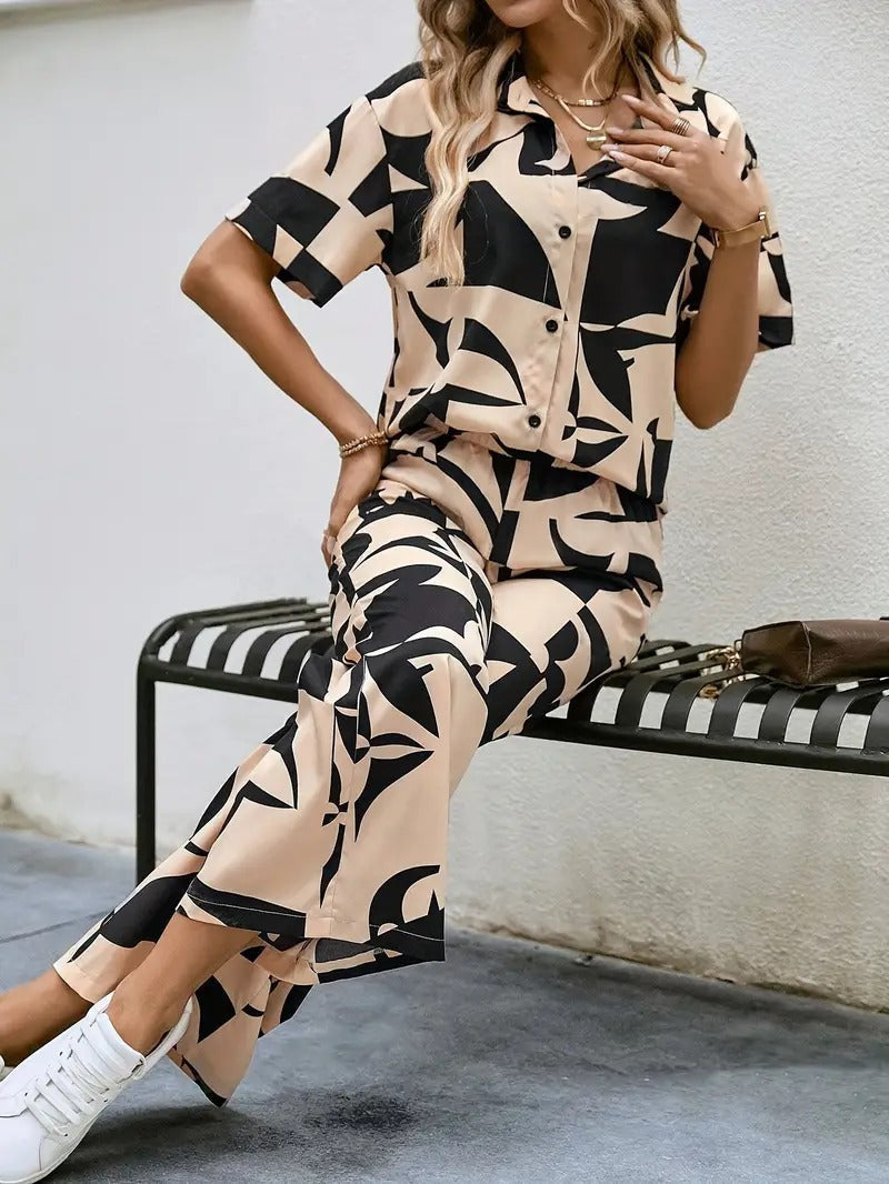 WesternStitch Rayon Button Front Short Graphic Print Elegant Two Piece Set for Women WesternStitch