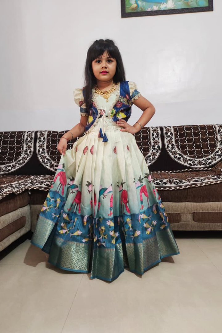 white Silk Zari Kids Gown